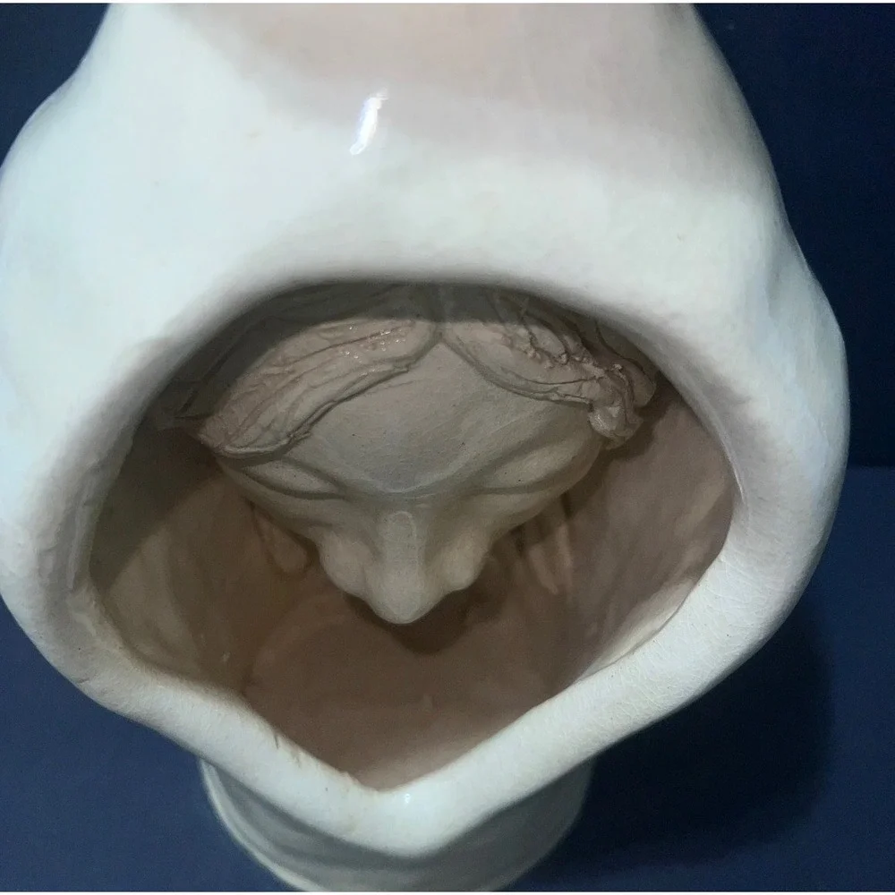 Artisan Ceramic Sculptural Face Vase Cream Glossy Hand Molded Surrealist Vessel
